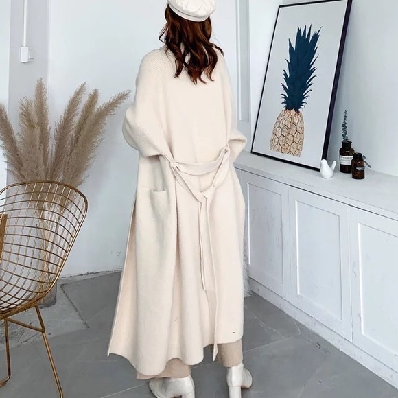 Cardigan sweater chunky knit tie belt thick winter pockets Apricot Beige cream - Picture 12 of 13